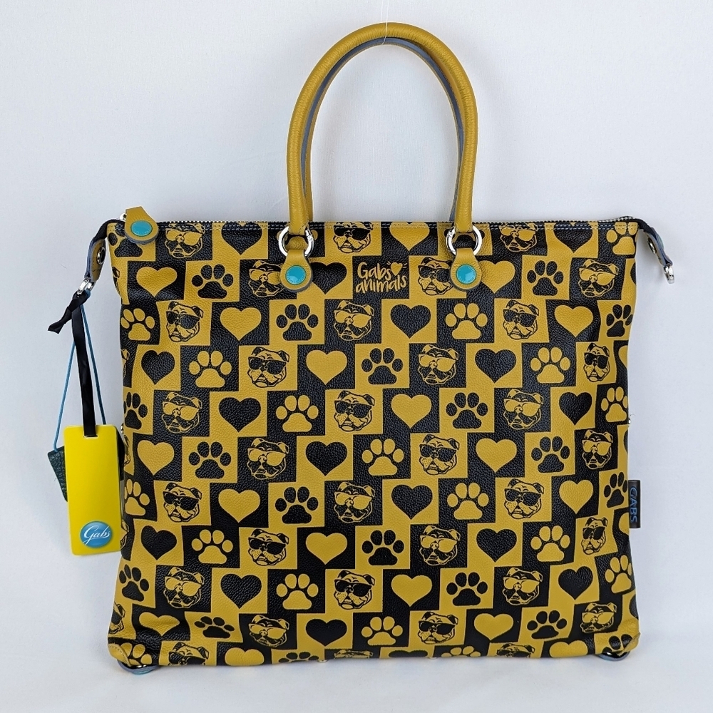 GABS Convertible Tote Backpack Leather Denim Bulldog Paw Heart Mustard Blue NWT